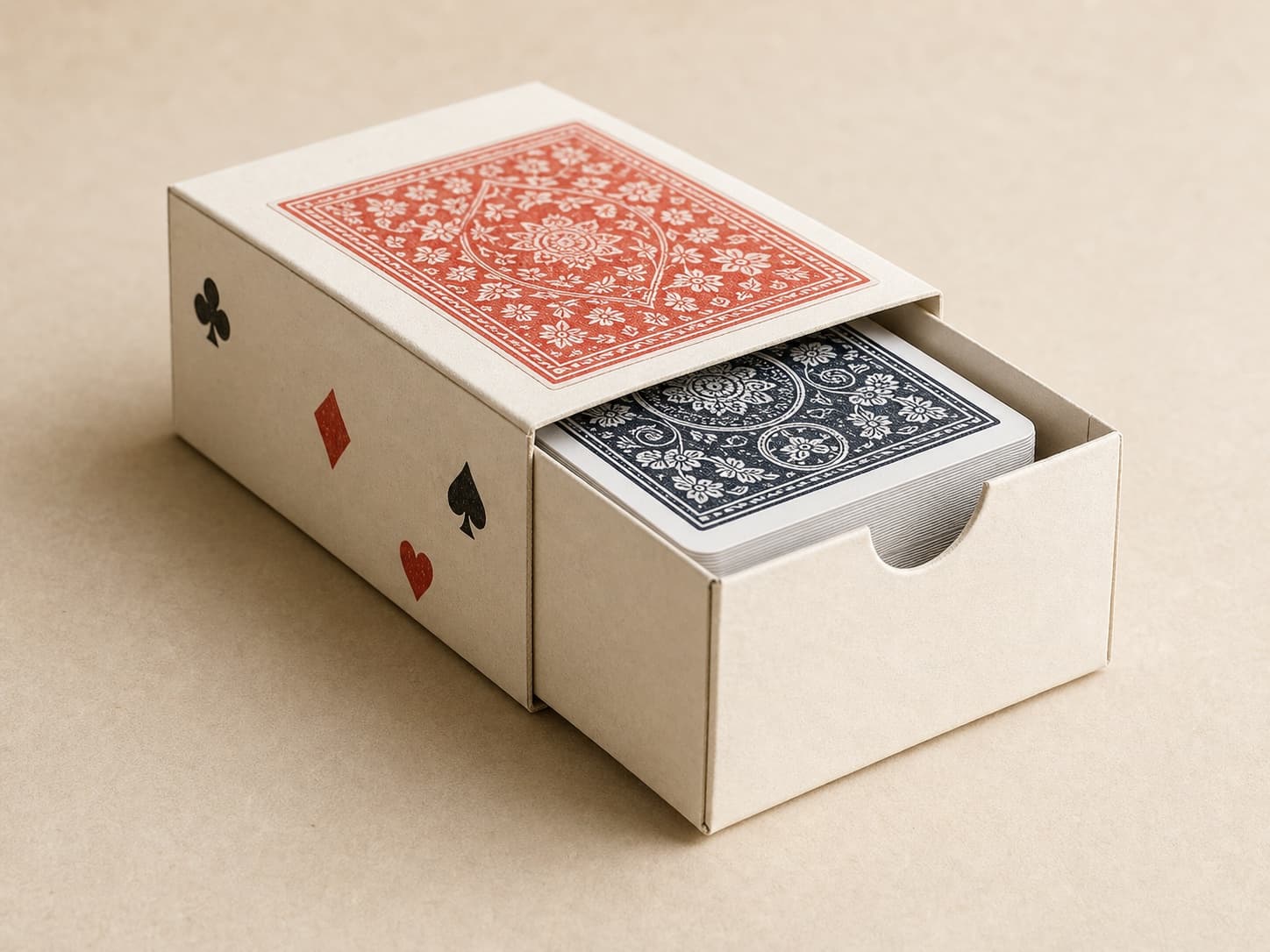 Prompt-inspiration concept render of a paper playing-card box with its tray partly open