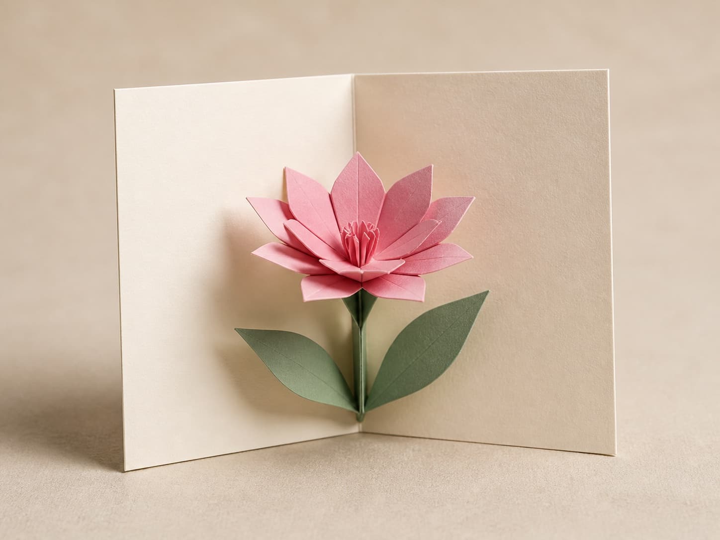 Prompt-inspiration concept render of an open paper card with a pink flower rising from its center